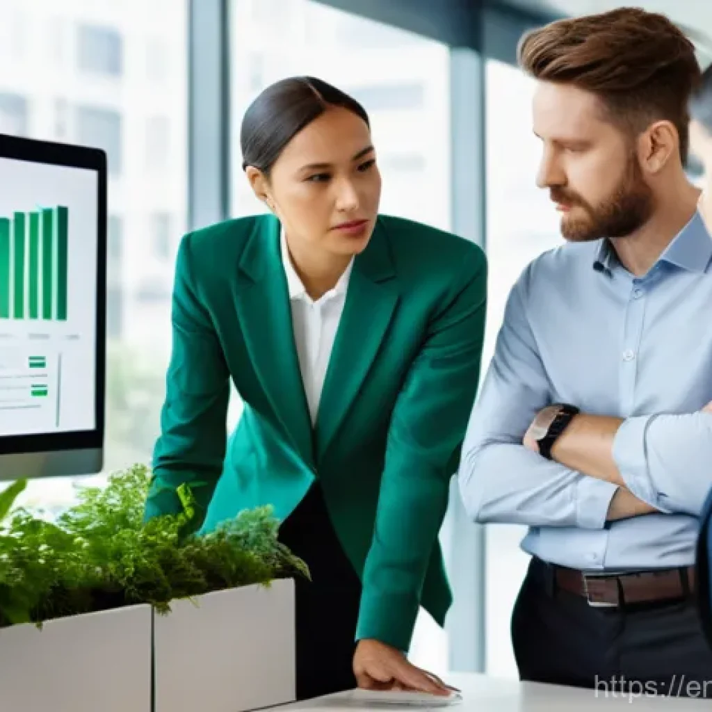 환경경영 실무 교육 - **Prompt:** A diverse group of four business professionals, two men and two women in their 30s-40s, ...