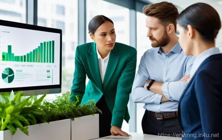 환경경영 실무 교육 - **Prompt:** A diverse group of four business professionals, two men and two women in their 30s-40s, ...